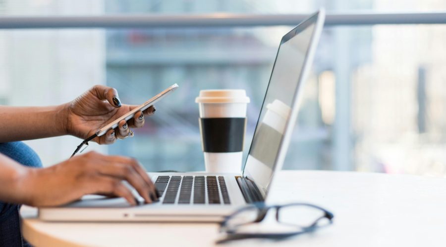 Free laptop on table top stock photo